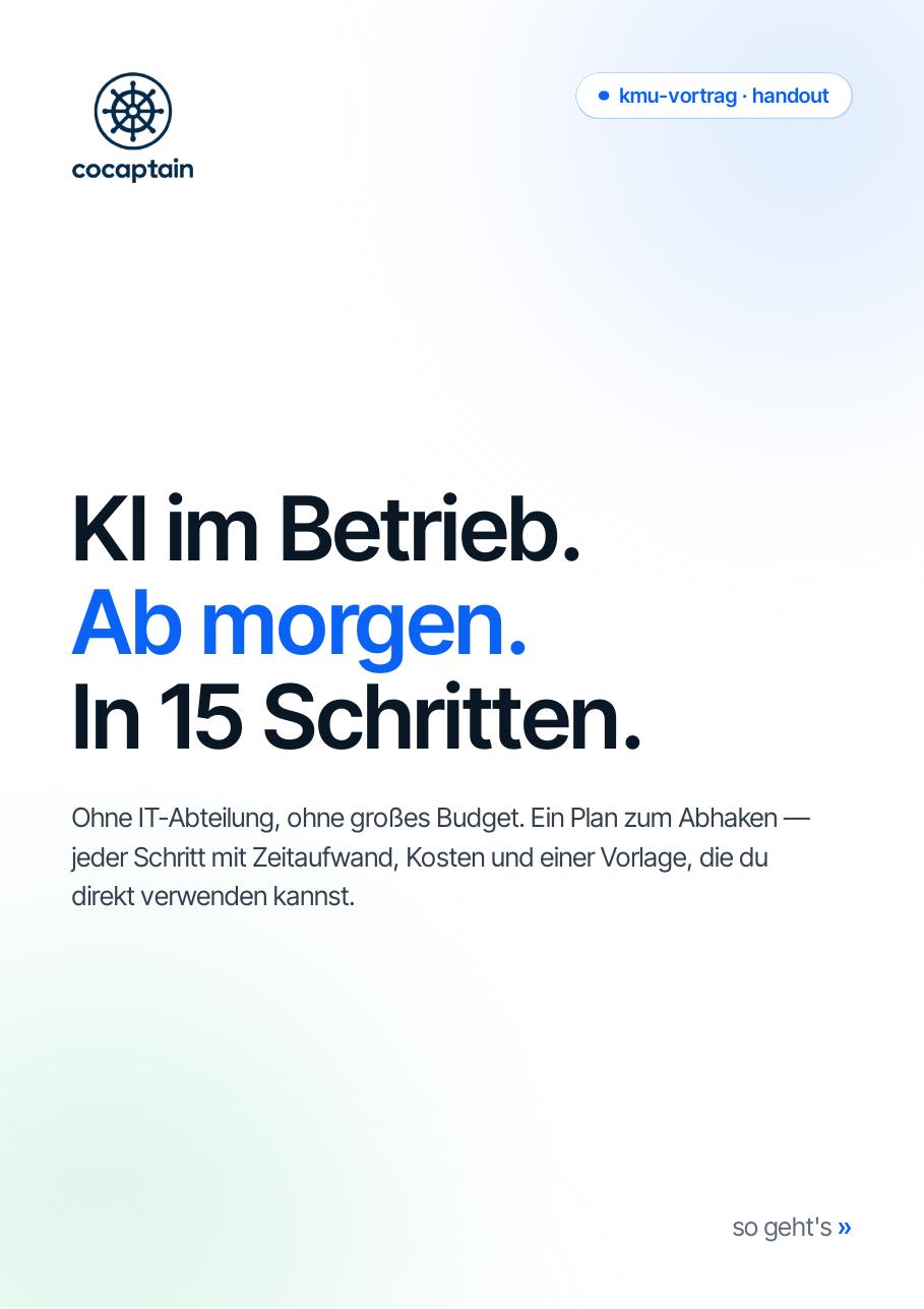 Titelseite des Guides KI im Betrieb. Ab morgen. In 15 Schritten.